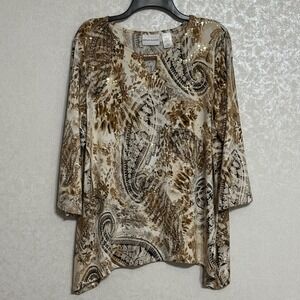 Alfred Dunner Top Paisley Sequin 3/4 Sleeve Keyhole Brown Tan Neutral Boho L